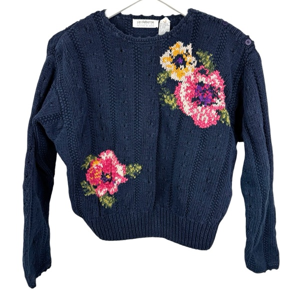 Liz Claiborne Tops - Vintage Liz Claiborne Med Collection Navy Floral Embellished Linen Blend Sweater